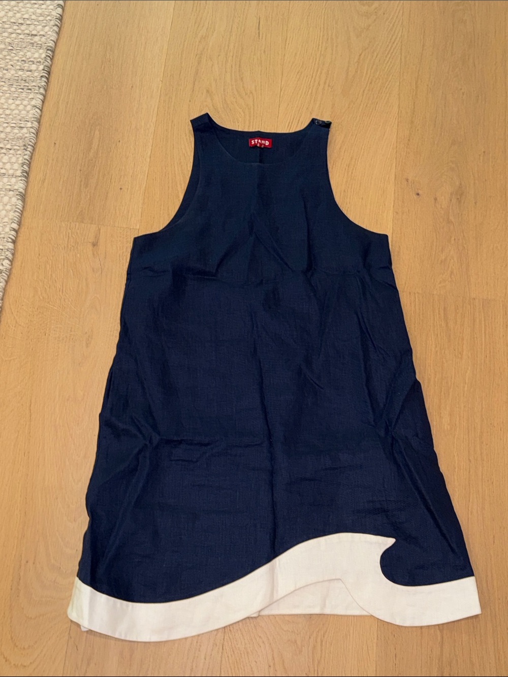 STAUD Navy Sleeveless A-Line Tank with White Wave Hem